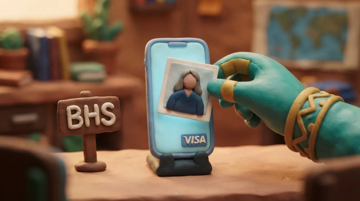A clay illustration of a hand uploading a 2x2 inch passport photo to a smartphone for a Bahamas visa.