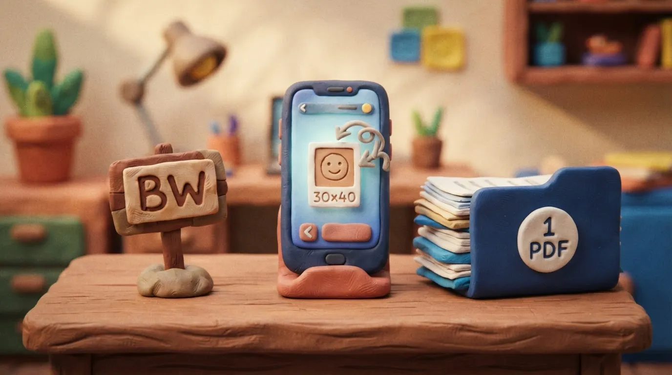 A clay illustration showing a small digital photo and a single PDF folder being uploaded to a smartphone for a Botswana visa.