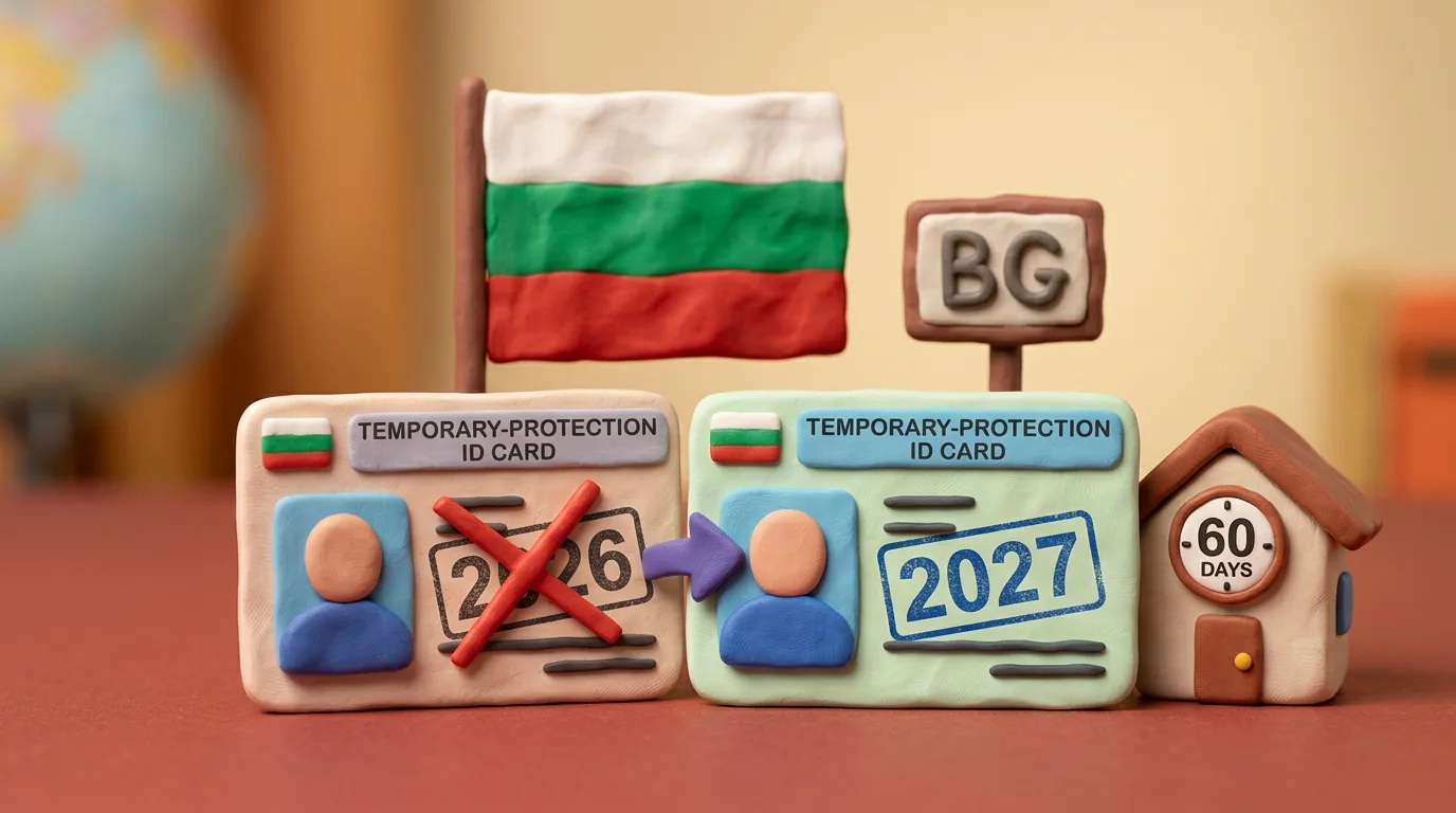 Пластилінова сцена: болгарський прапор, ISO-знак BG, картка тимчасового захисту з заміною 2026 на 2027 та маленький будиночок із позначкою 60 днів.
