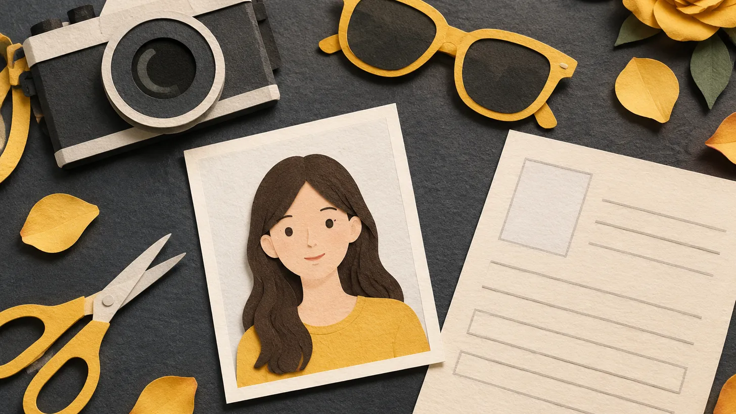 Paper illustration of a studio portrait photo with sunglasses and scissors set aside next to a visa form