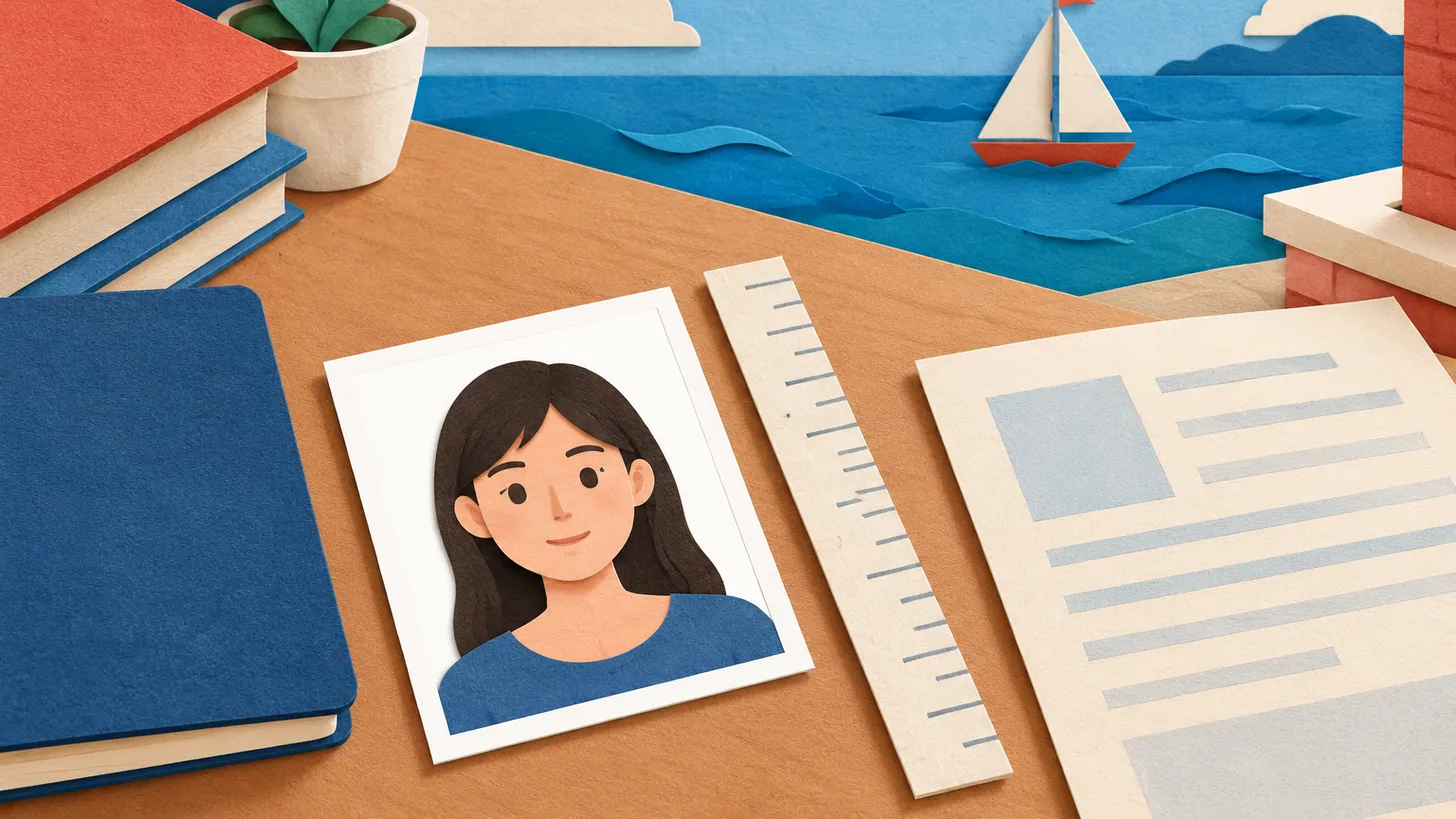Paper illustration of a glossy visa photo being measured with a ruler next to a visa form, a sailboat behind