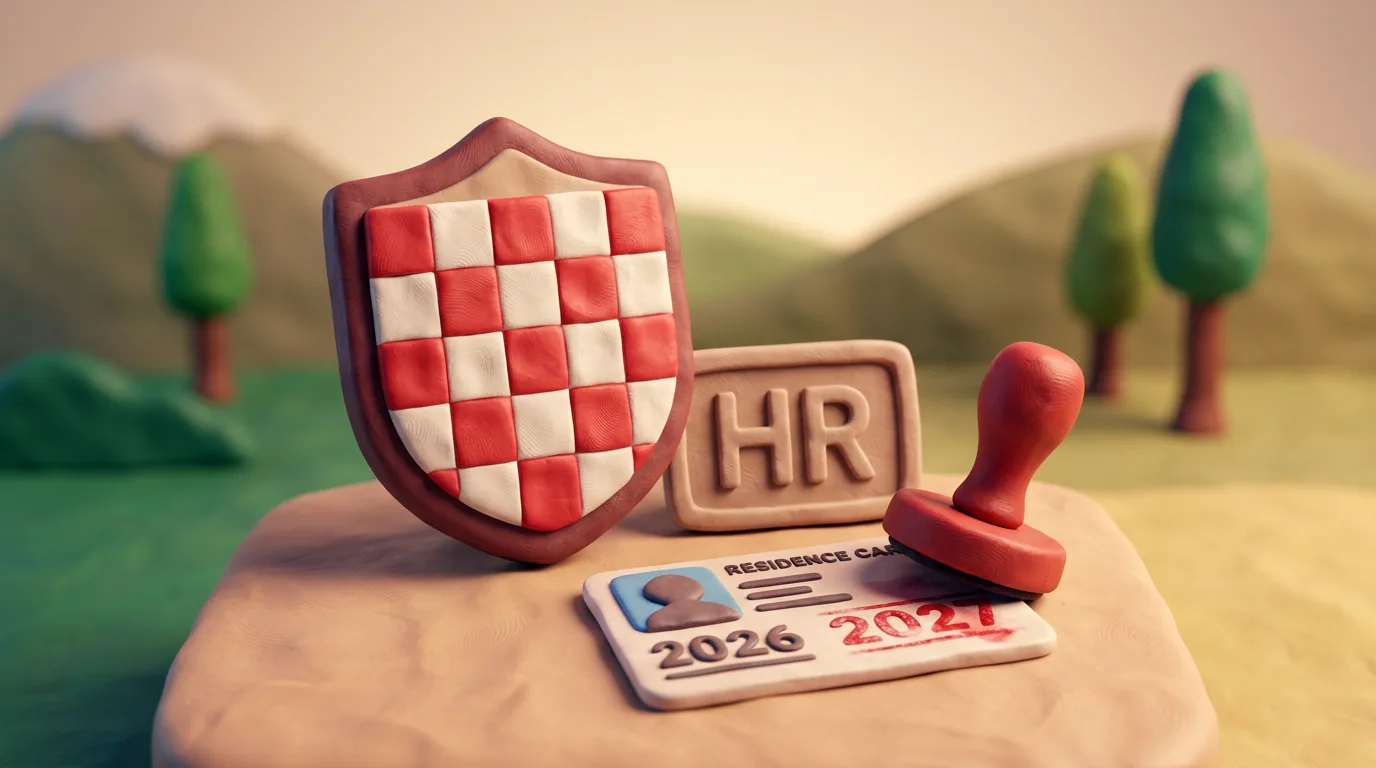 Пластилінова сцена: хорватський щит-прапор і табличка HR поряд із карткою іноземця, де дату 2026 замінюють на 2027 за допомогою штампа