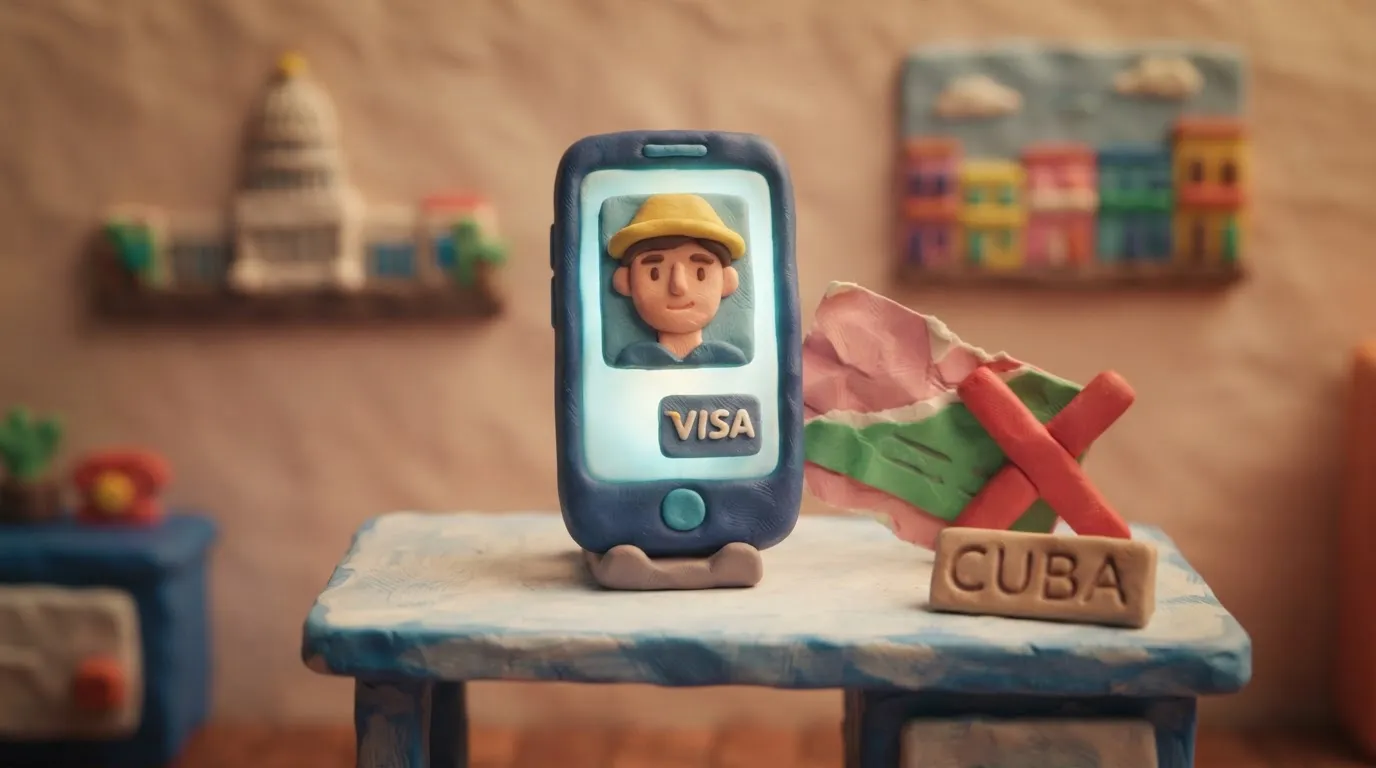 Глиняна ілюстрація смартфона з цифровим фото та написом VISA, що замінює розірвану паперову картку поруч із табличкою CUBA.