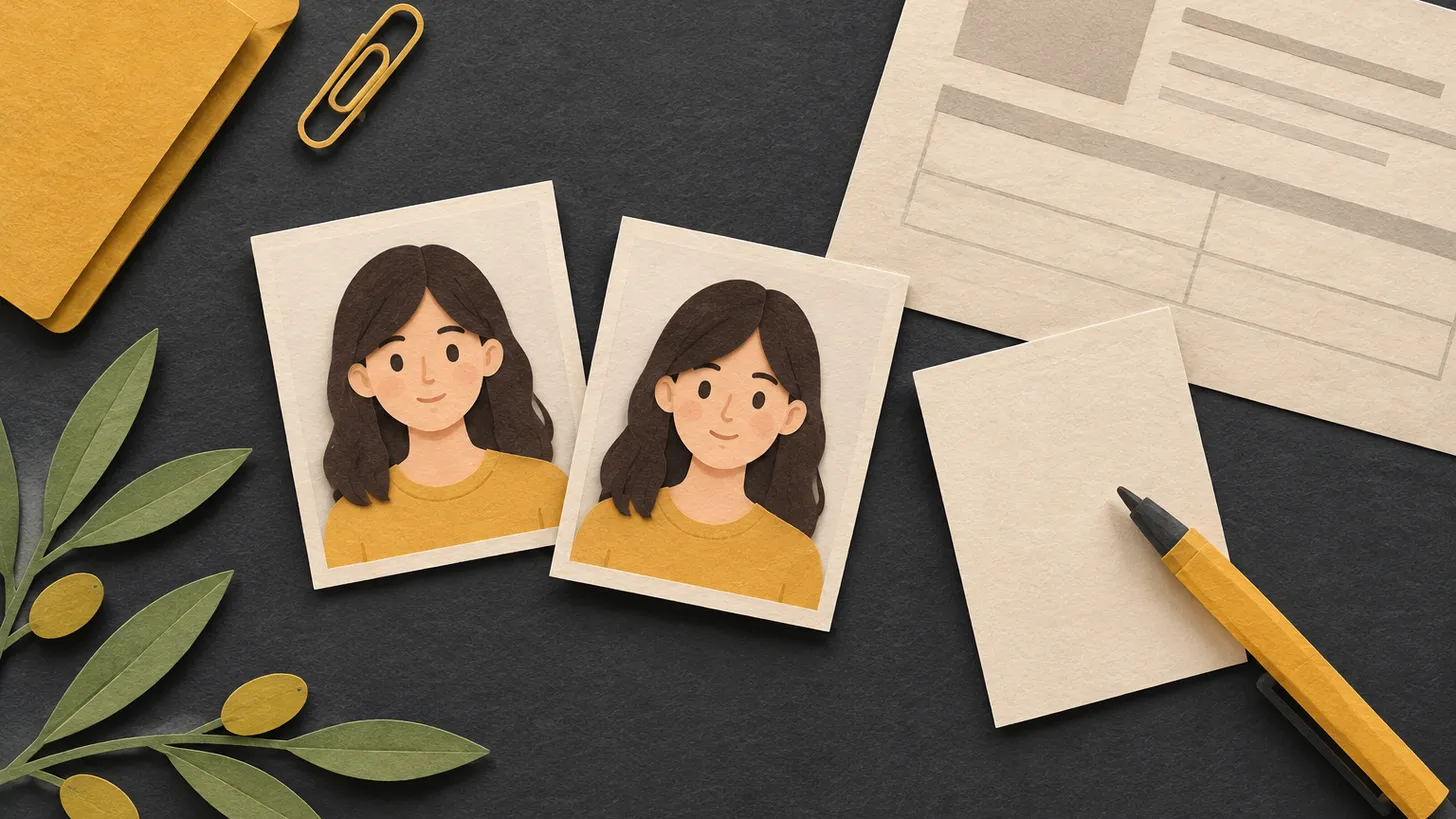 Paper illustration of two identical visa photos, one turned over beside a pen, with a visa form and olive branches