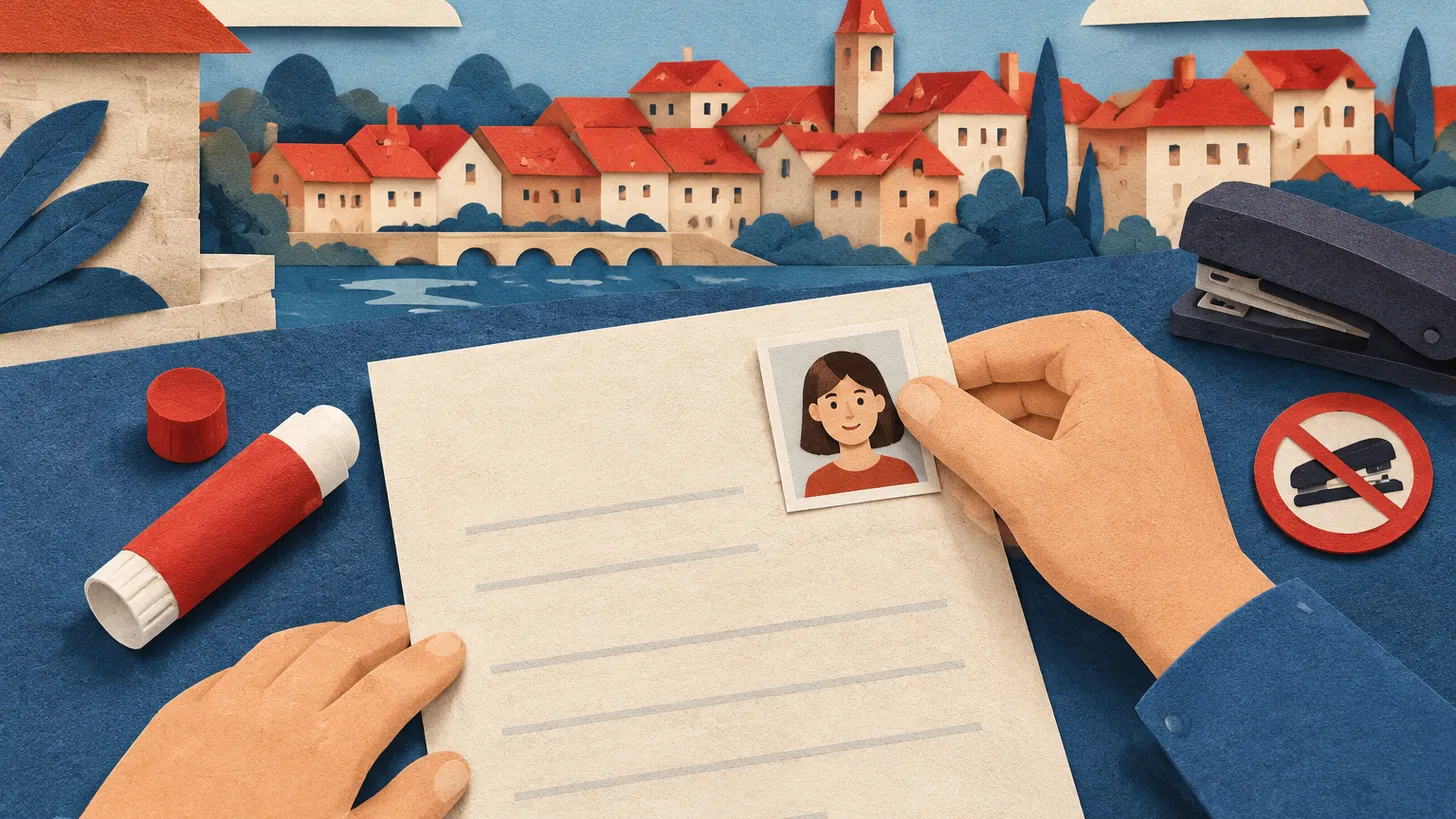 Paper illustration of a visa photo being glued to a form, a stapler crossed out, old-town red roofs behind