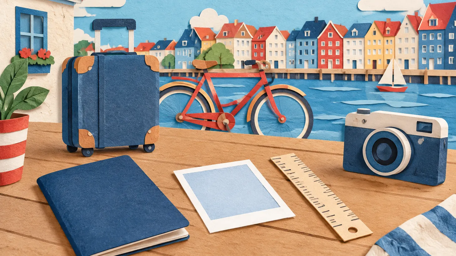 Paper illustration of a small photo print, a ruler and a passport with colourful harbour houses and a bicycle behind