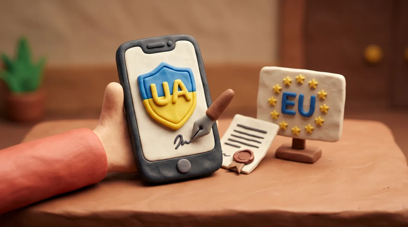 Пластиліновий смартфон із синьо-жовтим підписом UA та табличкою EU із зірками — Дія.Підпис за кордоном