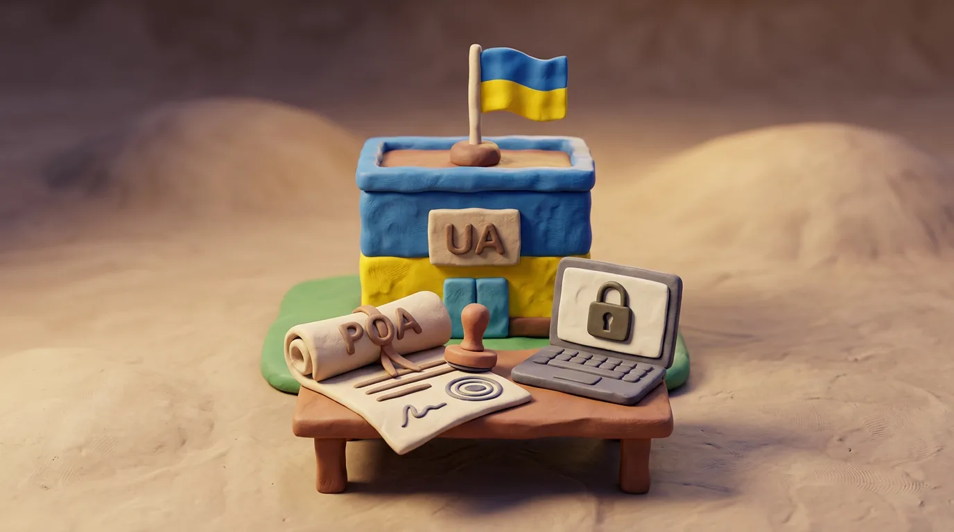 Пластилінова сцена: консульство України з прапором UA, документ-довіреність із печаткою та ноутбук для онлайн-подачі.