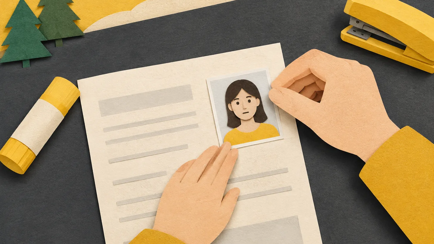 Paper illustration of a portrait photo glued onto a visa form with a glue stick, a stapler set aside