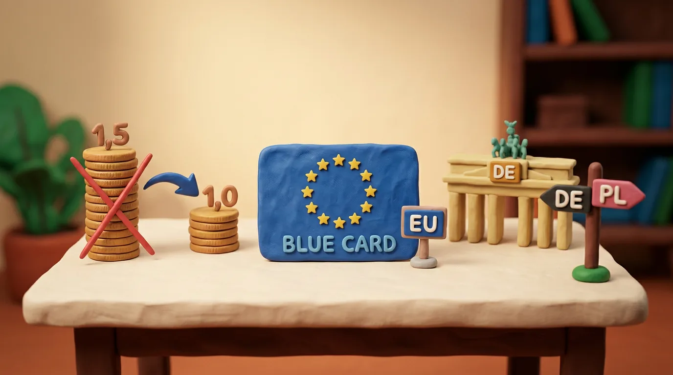 Пластилінова Blue Card ЄС, табличка EU, нижчий стос монет та стрілка переїзду між DE і PL