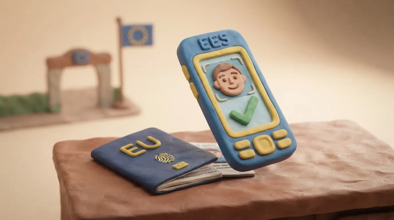 A clay smartphone shows a successful selfie verification while scanning an EU biometric passport.