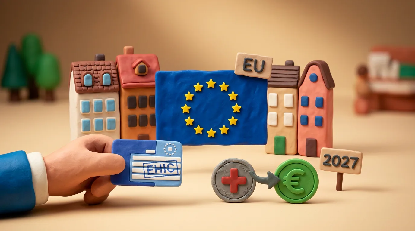 Пластилінова сцена: прапор ЄС, картка EHIC у руці та монети з червоним хрестом, що символізують зміну медичного покриття до 2027 року