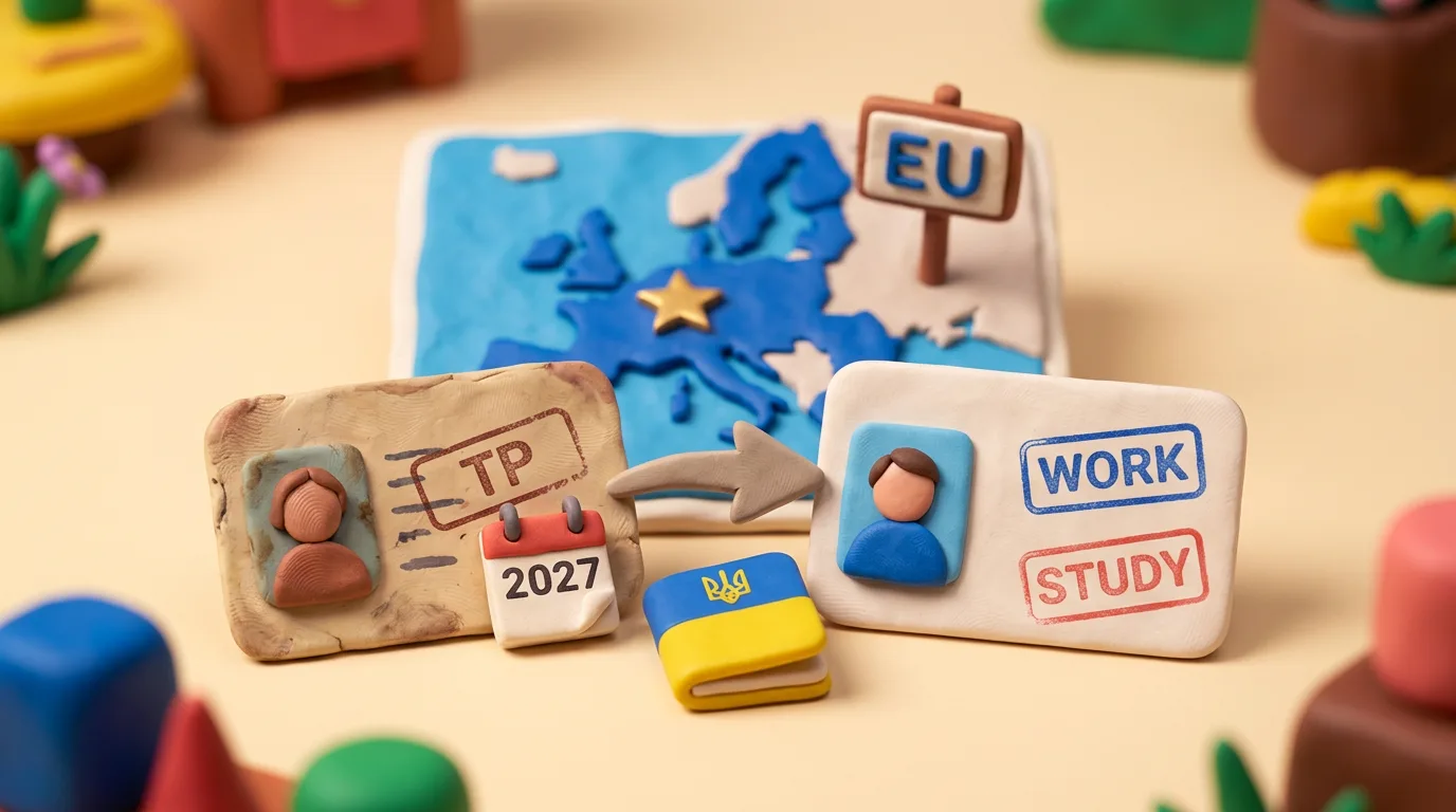 Пластилінова сцена: синя мапа ЄС із зіркою і табличкою EU, стара картка з написом TP та календарем 2027 переходить стрілкою на нові картки WORK і STUDY поруч із синьо-жовтим українським паспортом.