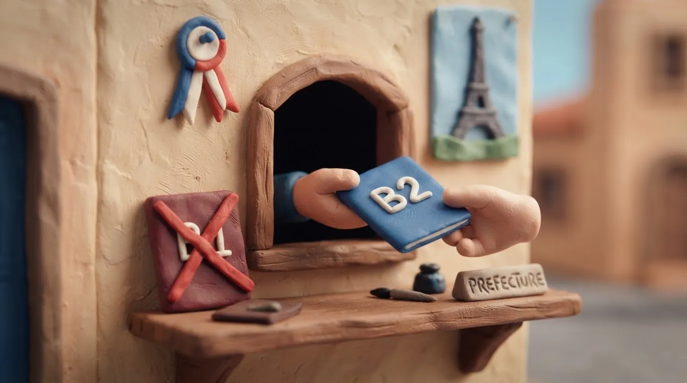 Клеймейшн-сцена: клейова книжка «B2» проходить у віконце французької префектури, стара «B1» відхилена червоним хрестом