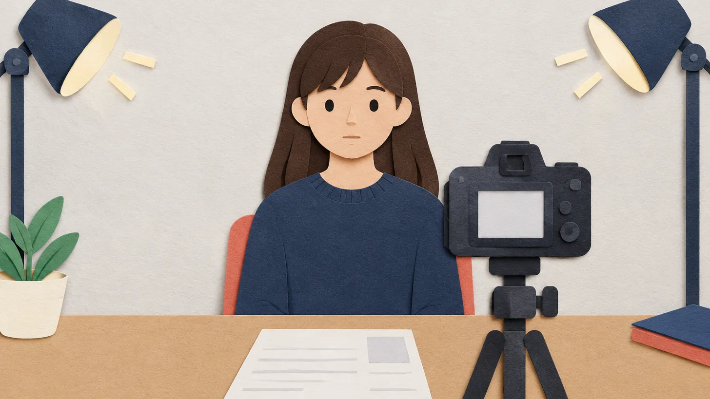 Paper illustration of a person facing a camera in front of a plain light wall under even light for a visa photo