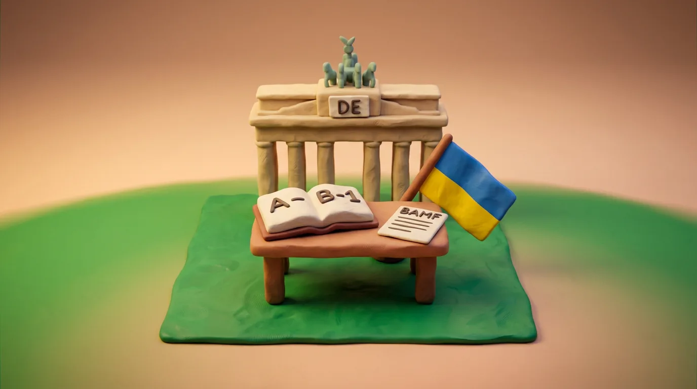 Пластилінова сцена: класна кімната з книгою «B1», Бранденбурзькі ворота з табличкою DE, синьо-жовтий прапор і аркуш BAMF