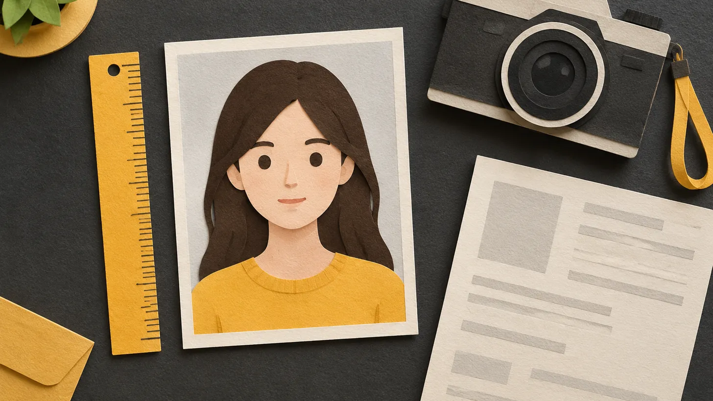 Paper illustration of a biometric portrait photo measured with a ruler beside a camera and a visa form
