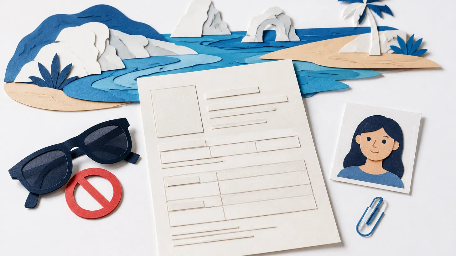 Paper illustration of a loose visa photo on a white background beside an application form, sunglasses crossed out