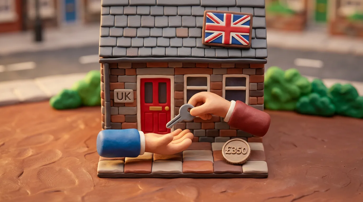 Пластилінова сцена: британський будинок з прапором UK, монета £350 і передача ключа новому спонсору Homes for Ukraine