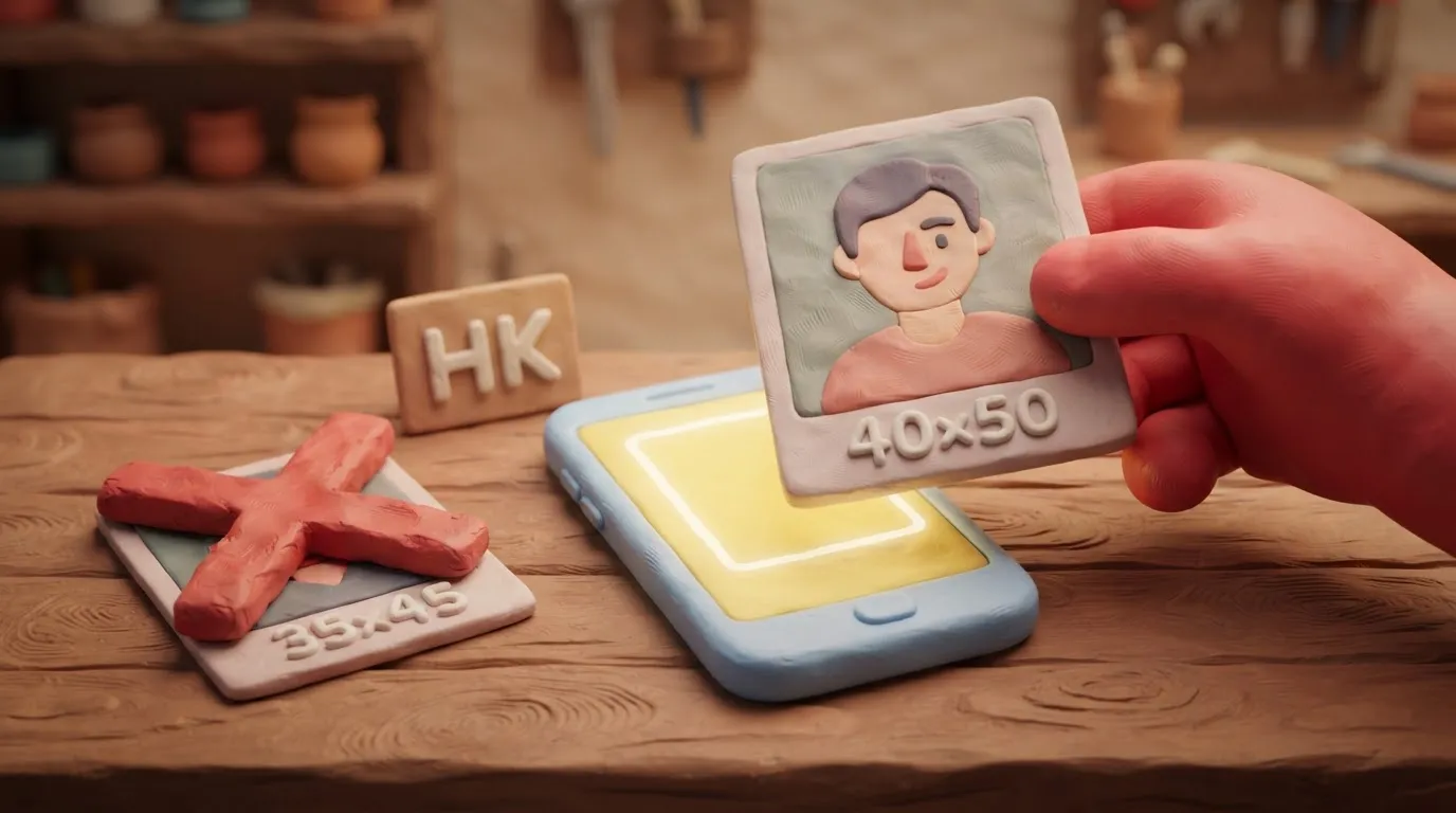 Глиняна ілюстрація: рука кладе фотографію 40х50 мм на екран смартфона поруч із табличкою HK, а менше фото 35х45 мм