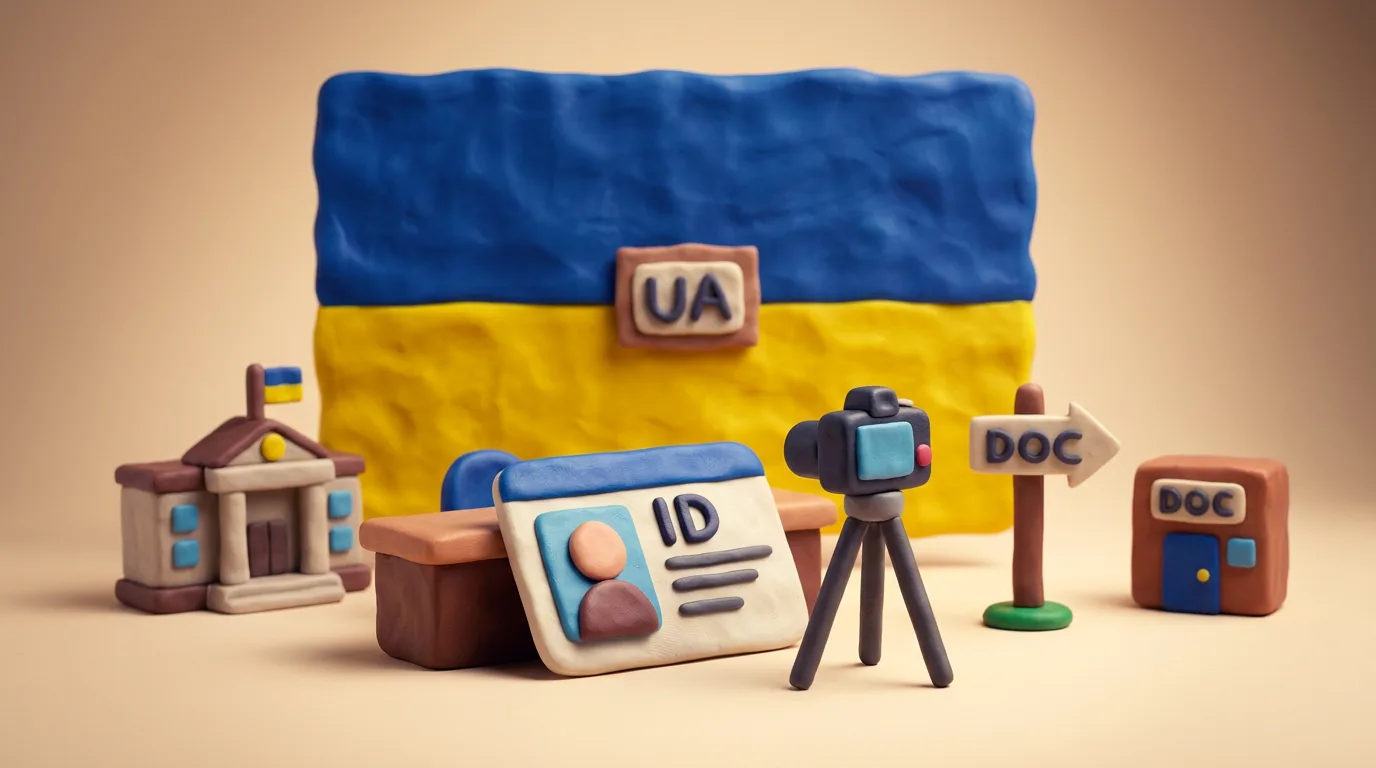 Пластилінова сцена: синьо-жовтий прапор, табличка UA, ID-картка на стійці та маленька камера, що фотографує на місці