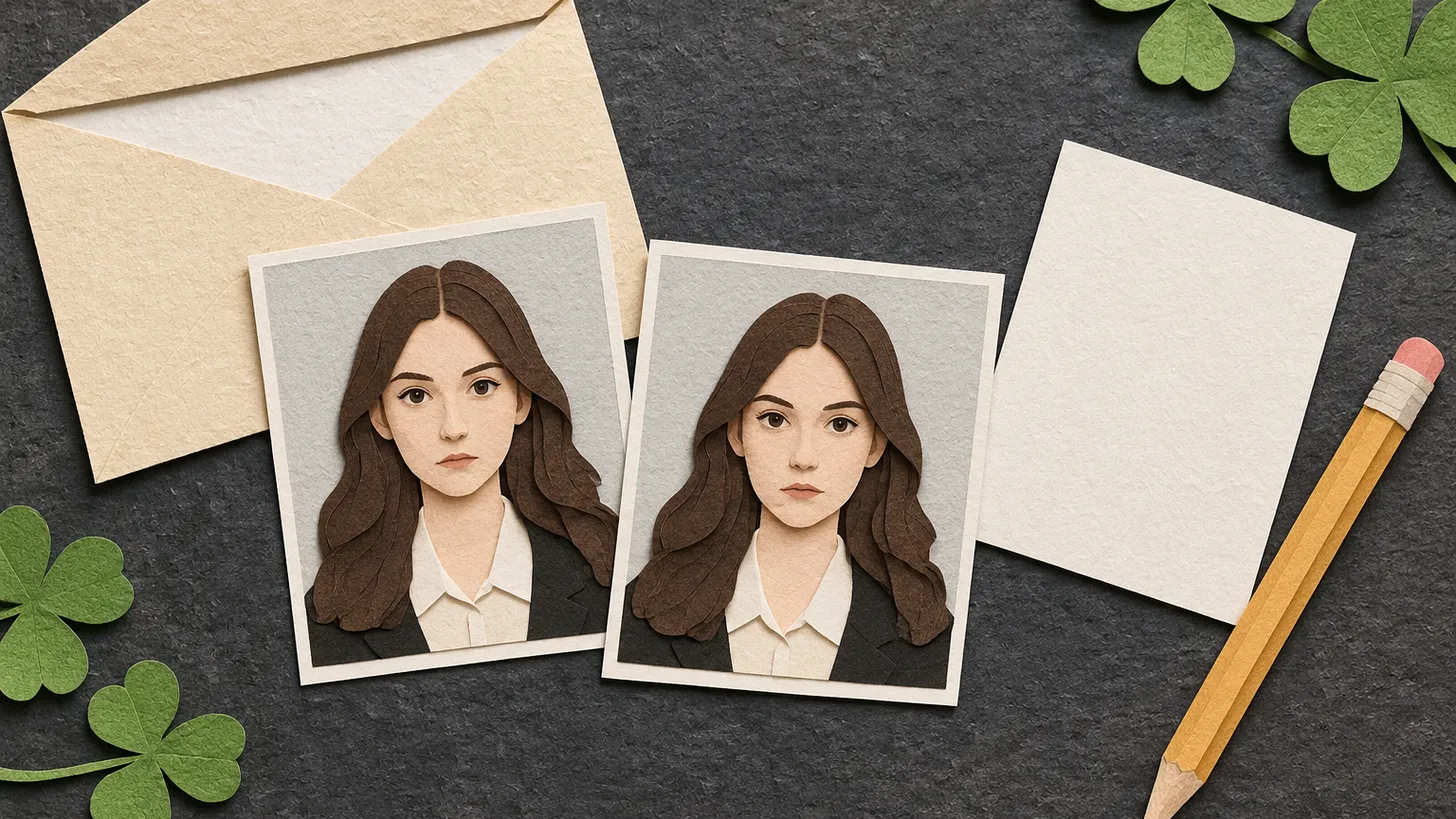Paper illustration of two identical visa photos, one turned over beside a pencil and an open envelope