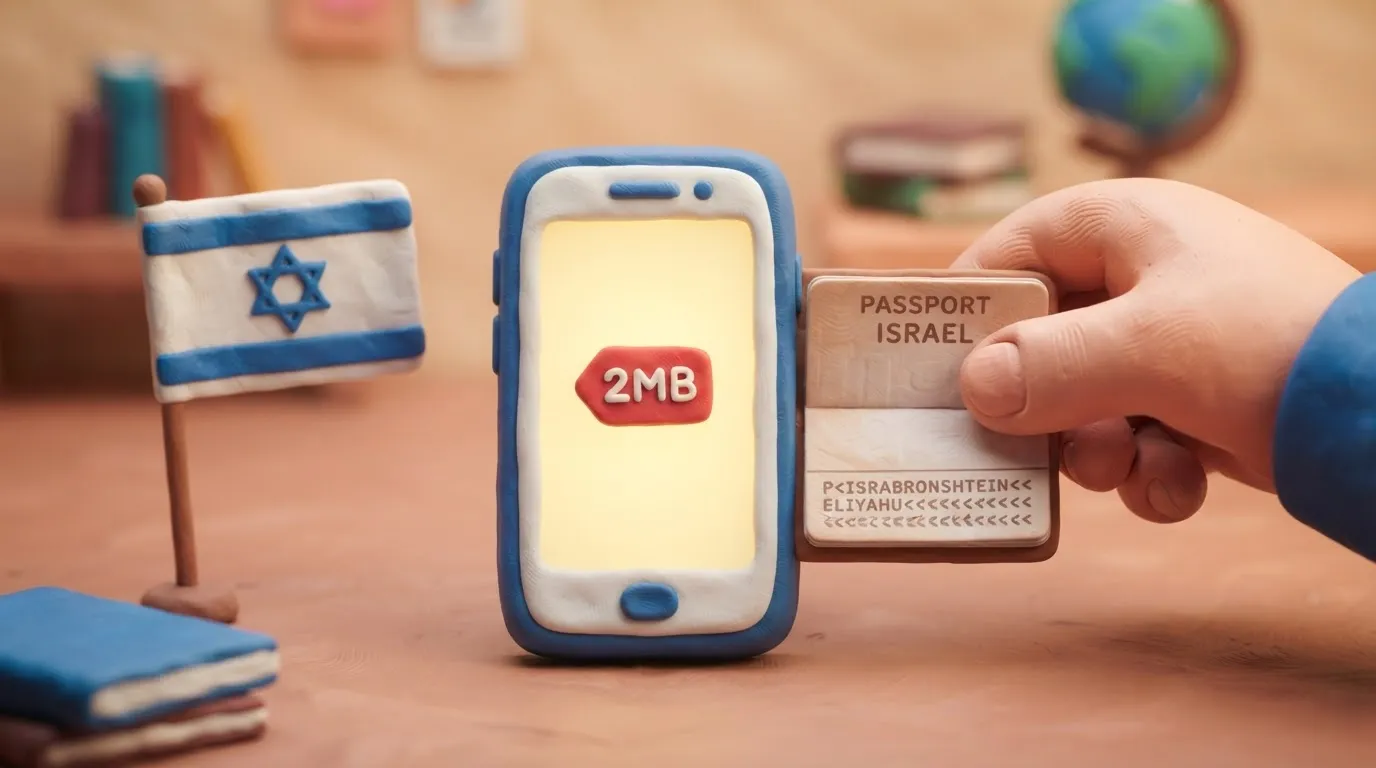 Illustration of a passport page being uploaded to a smartphone with a 2MB limit badge and an Israeli flag.