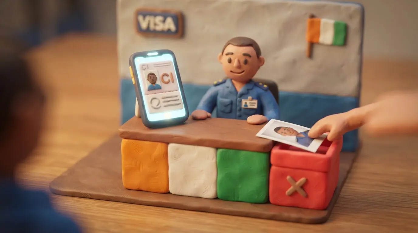 Clay illustration of an Ivory Coast e-Visa application on a smartphone with a physical 35x45 mm photo pushed aside.