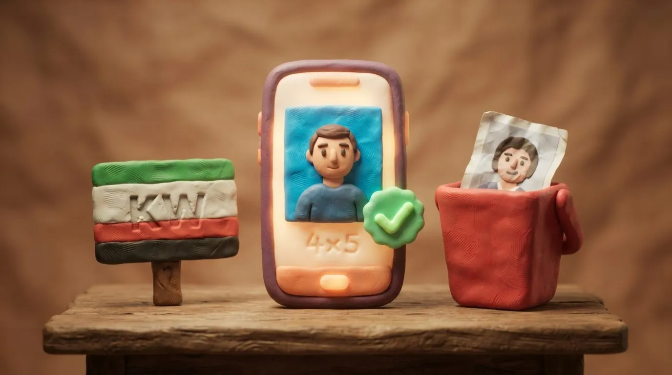Illustration of a Kuwait eVisa application showing a 4x5 cm photo with a blue background being accepted on a smartphone.