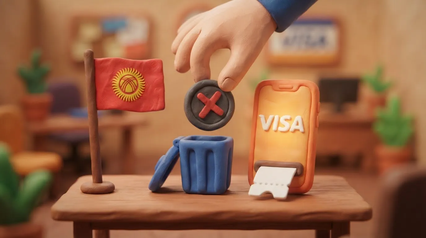 Ілюстрація: смартфон із написом VISA та прапор Киргизстану, що символізує скасування штрафів за виїзну візу