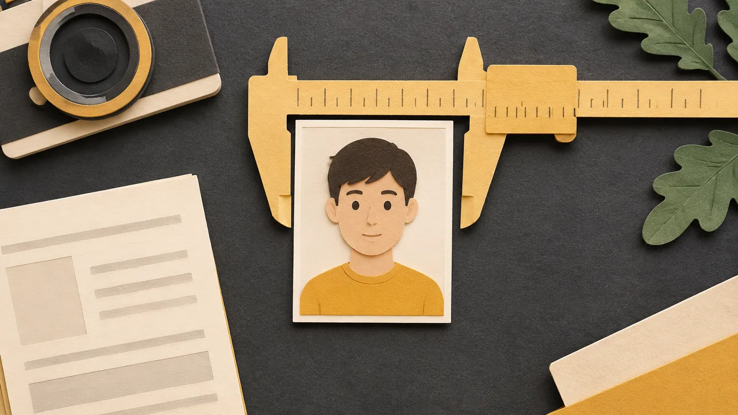 Paper illustration of a visa portrait photo measured with a caliper next to a camera and a visa form
