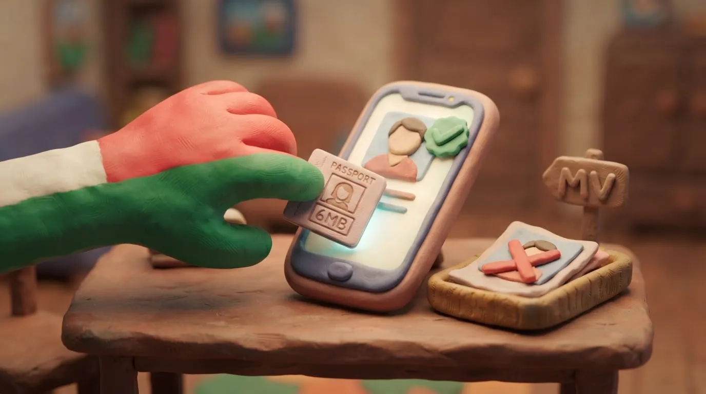 A clay illustration showing a 6MB passport photo being successfully uploaded to a smartphone for the Maldives IMUGA
