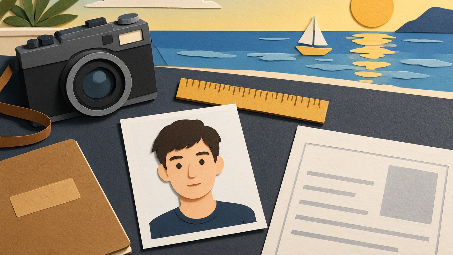 Paper illustration of a visa photo on a white background measured with a ruler, a camera and a sea view