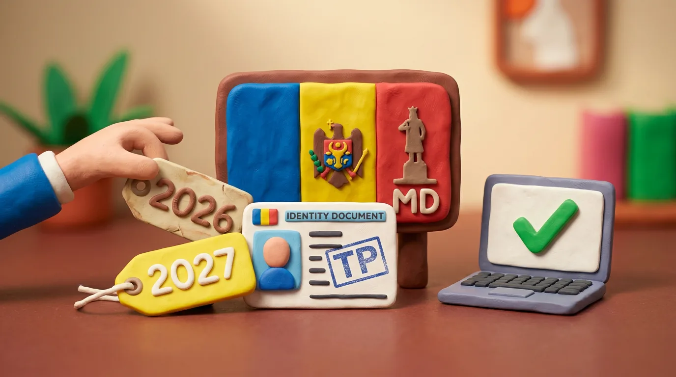 Пластилінова сцена: молдовський прапор зі знаком MD, документ тимчасового захисту TP, заміна таблички 2026 на 2027 і ноутбук із позначкою онлайн-продовження.