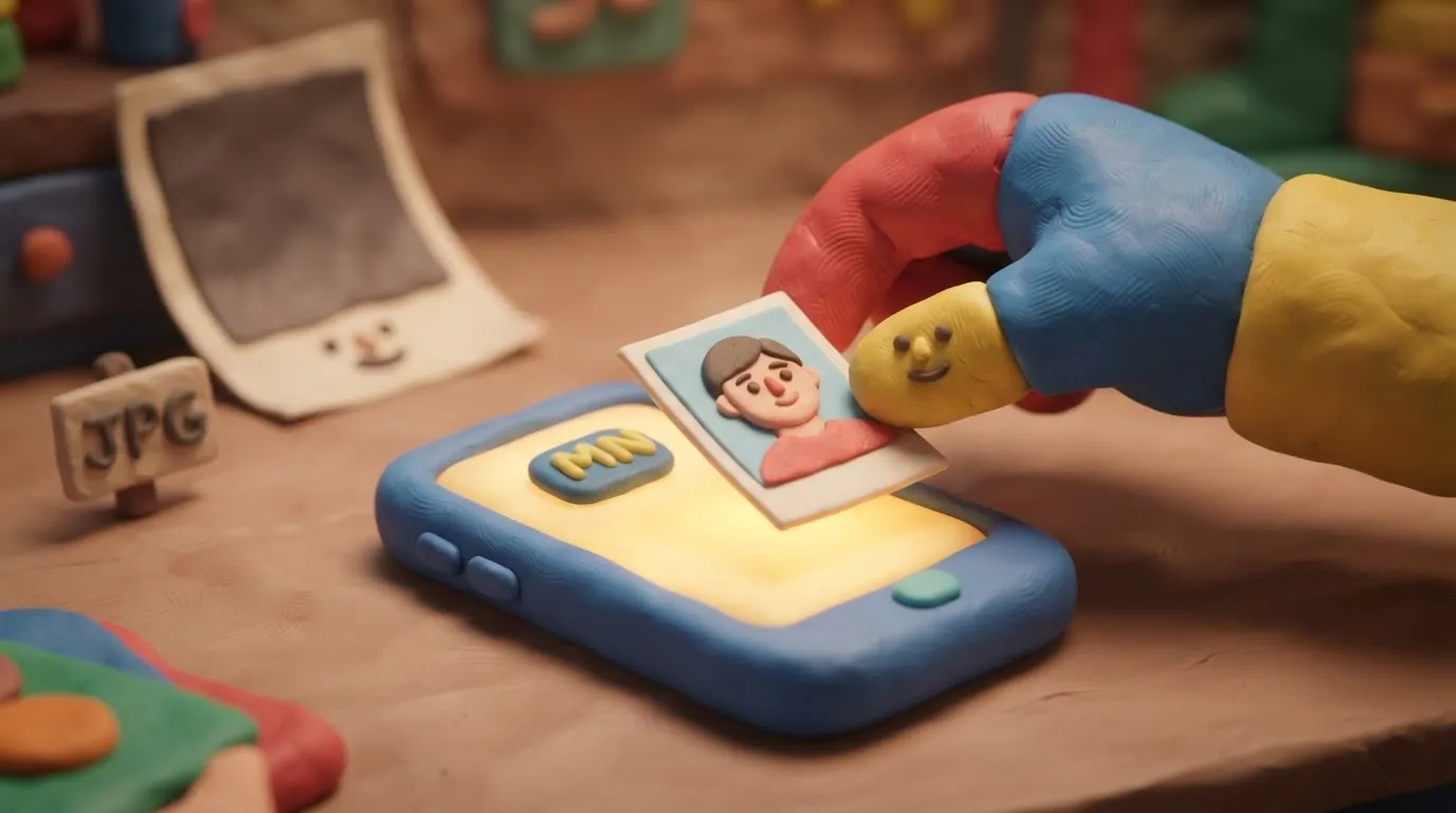 A clay smartphone screen showing a digital photo upload for a Mongolian visa, with a 35x45 mm portrait being placed onto it.