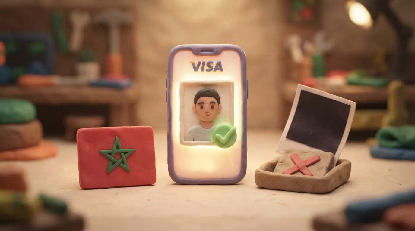 Clay illustration of a smartphone showing an approved 35x45 mm Morocco eVisa photo next to a rejected picture.