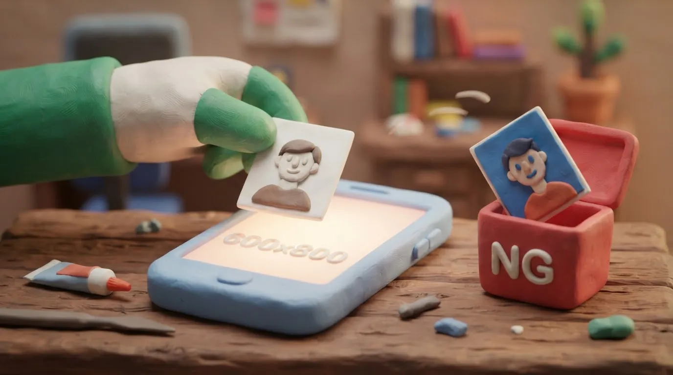 A clay illustration showing a compliant 35x45 mm Nigerian visa photo being uploaded to a smartphone, while a non-compliant