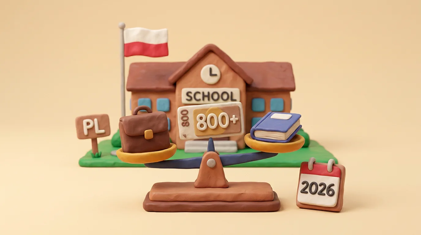 Пластилінова сцена: польський прапор, табличка PL, школа, монета 800+ на терезах із портфелем і книгою