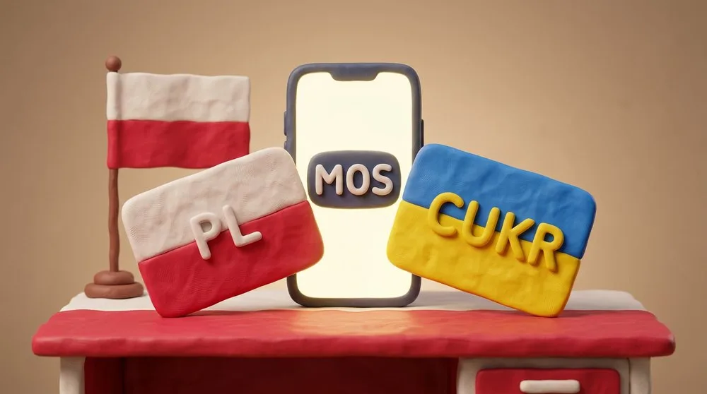 Пластилінова ілюстрація: картки PL і CUKR біля телефона MOS на тлі прапора Польщі