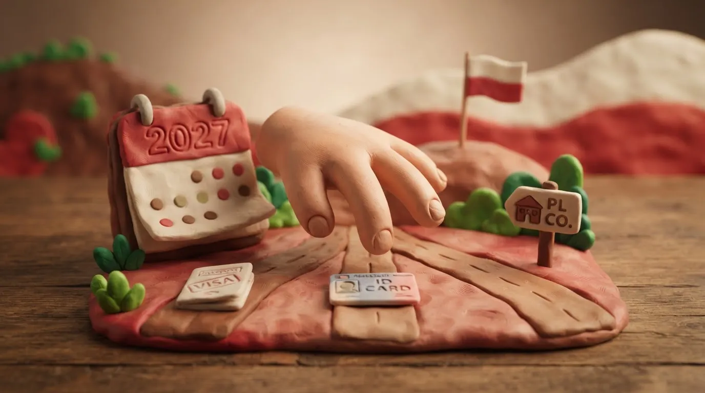 Клеєва ілюстрація: календар із датою 2027 та клеєва рука обирає між візою, картою побиту і бізнесом у Польщі