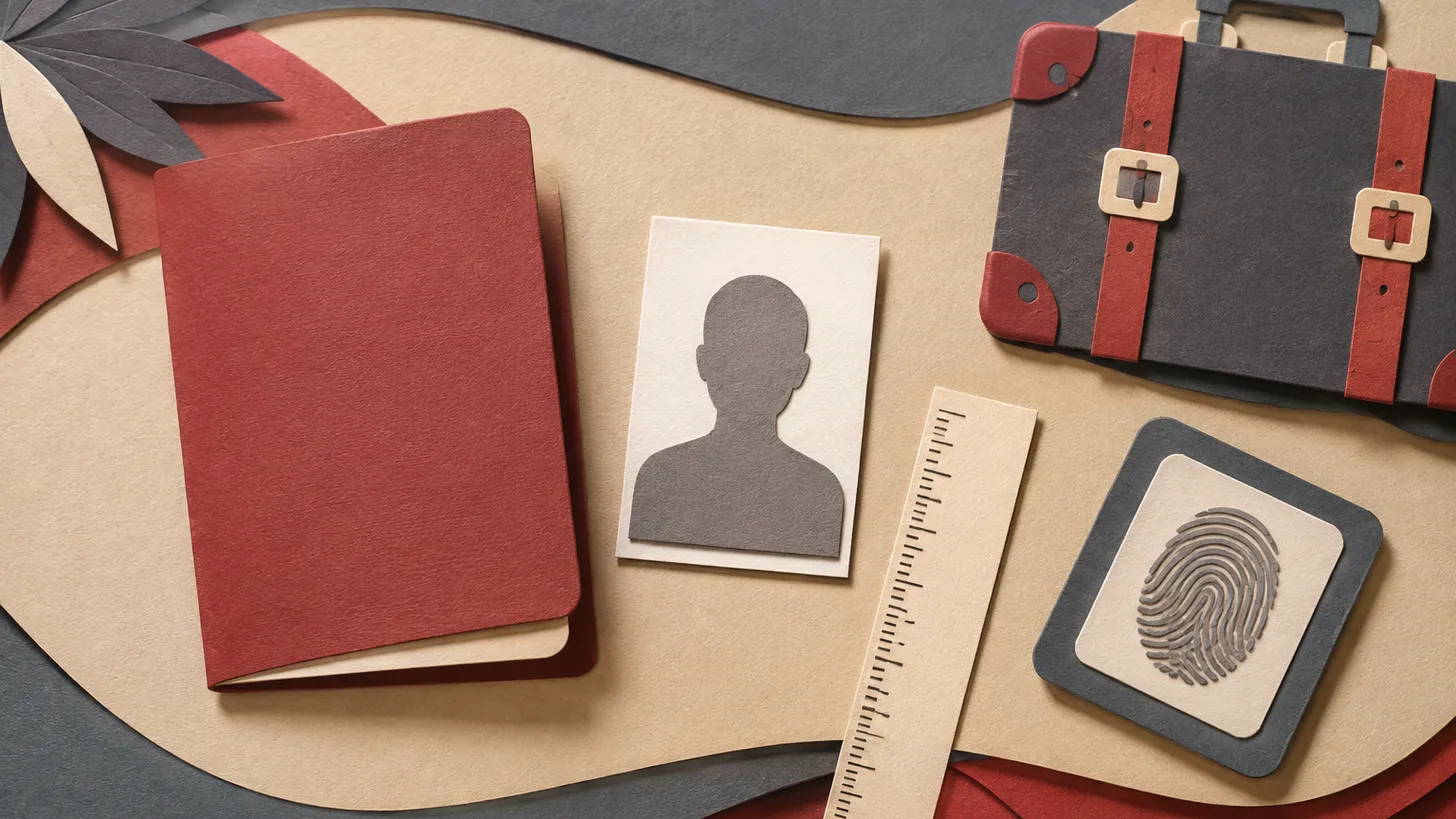 Paper illustration of a blank passport, a small portrait print with a ruler, a fingerprint pad and a suitcase