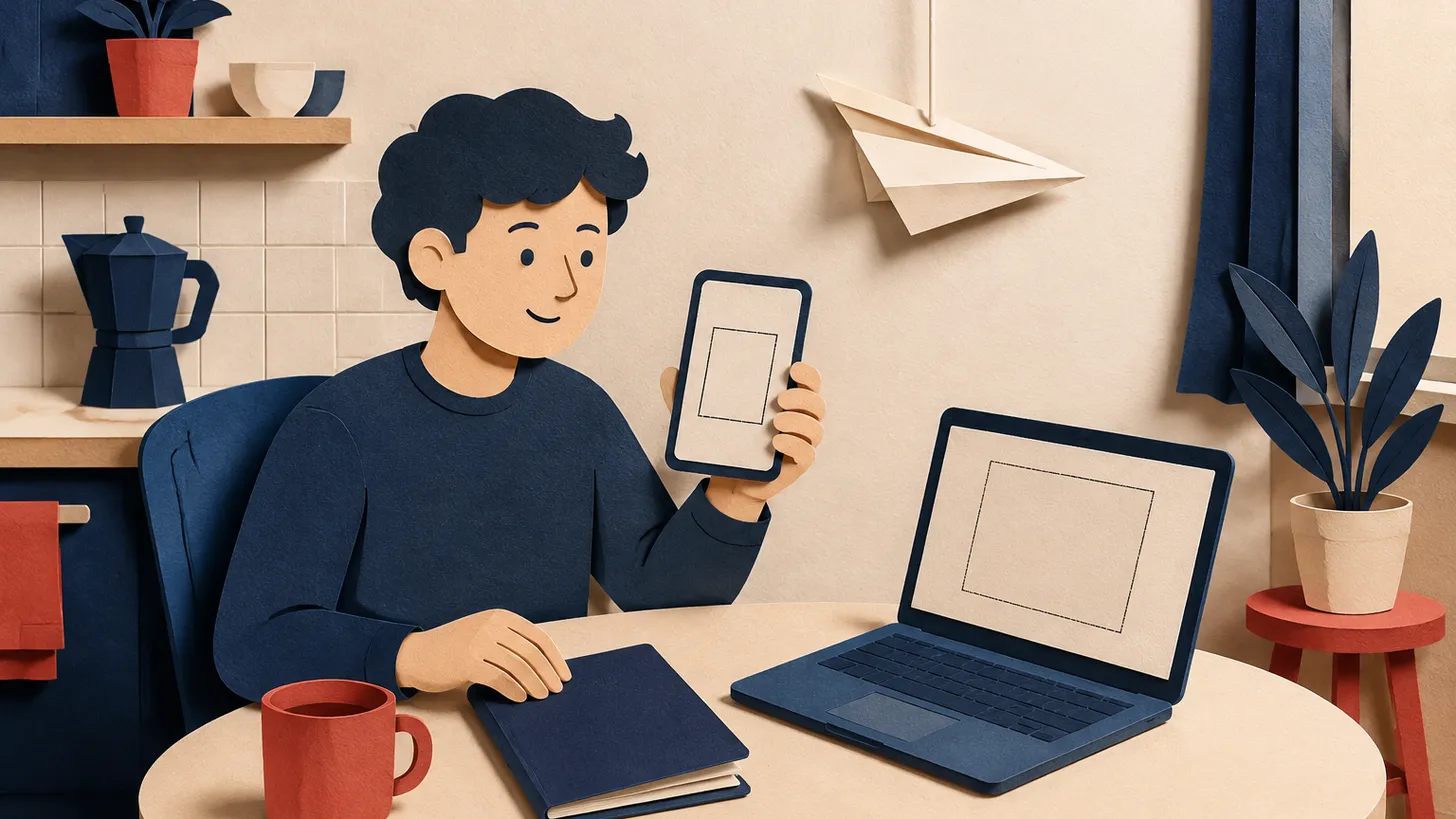 Paper illustration of a person at home abroad with a phone, a laptop and a closed passport booklet on the table