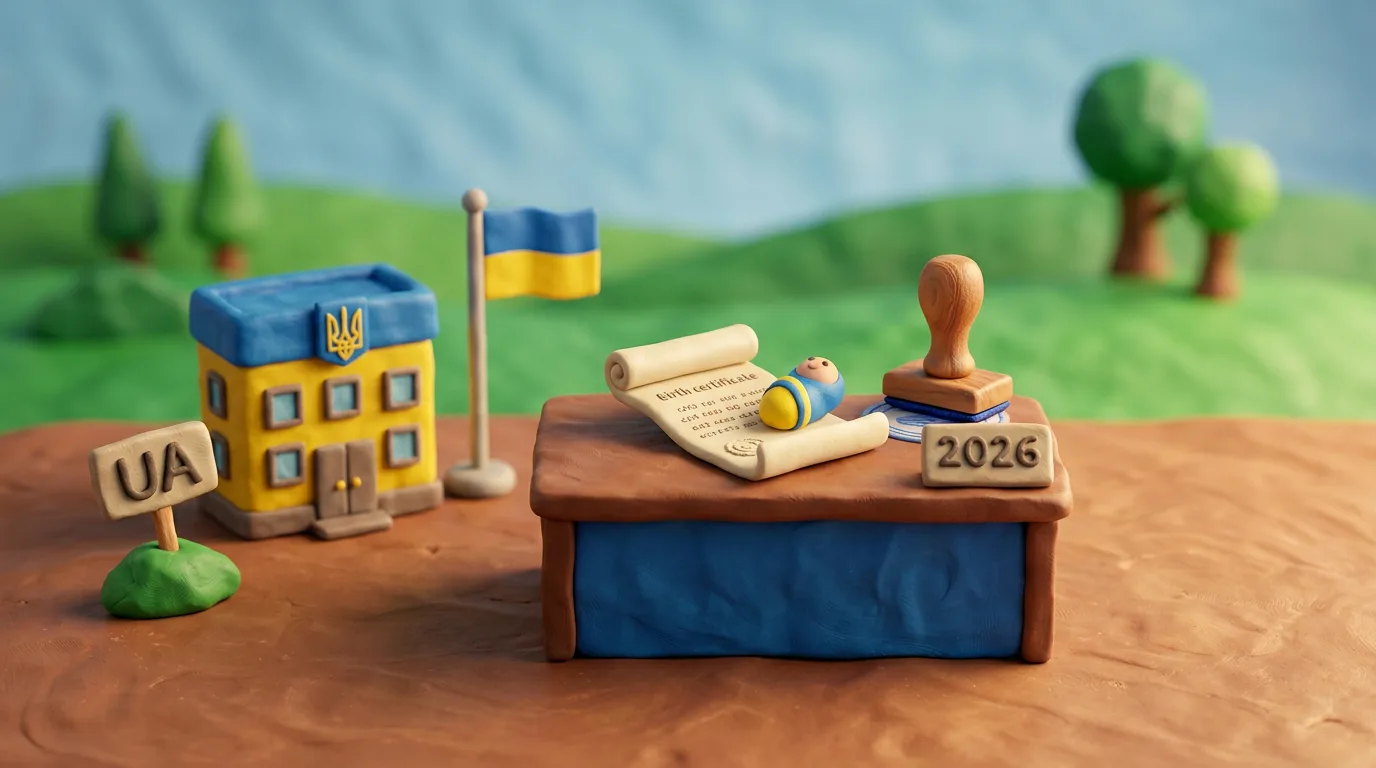 Пластилінова сцена: консульство України, прапор, свідоцтво про народження дитини та печатка, табличка UA 2026