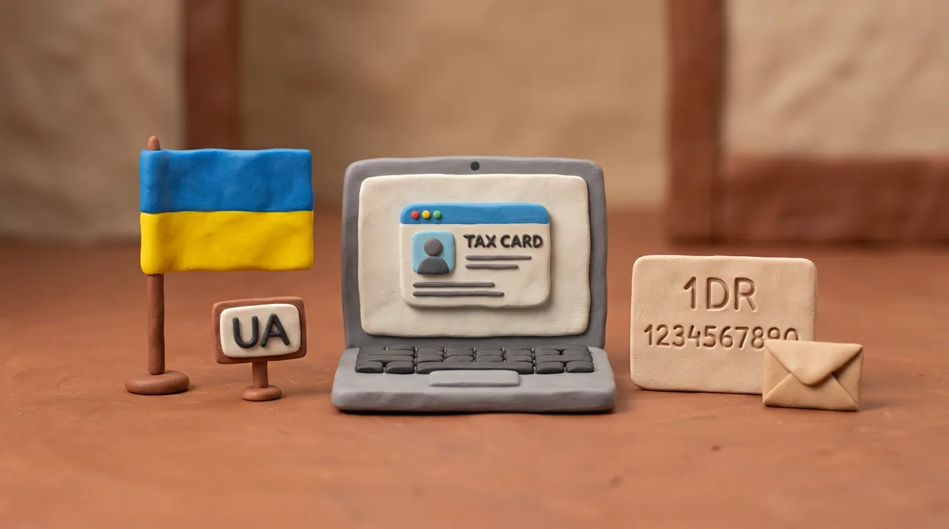 Пластилінова сцена: український прапор, табличка «UA», ноутбук і картка платника податків з номером — оформлення РНОКПП за кордоном