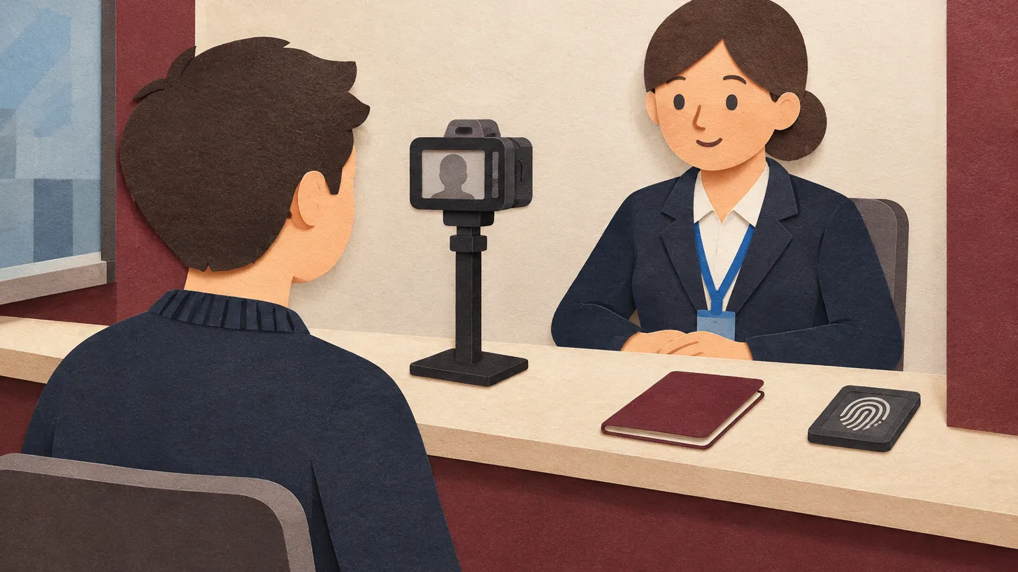 Paper illustration of a person in a dark sweater being photographed at a consulate counter next to a closed passport
