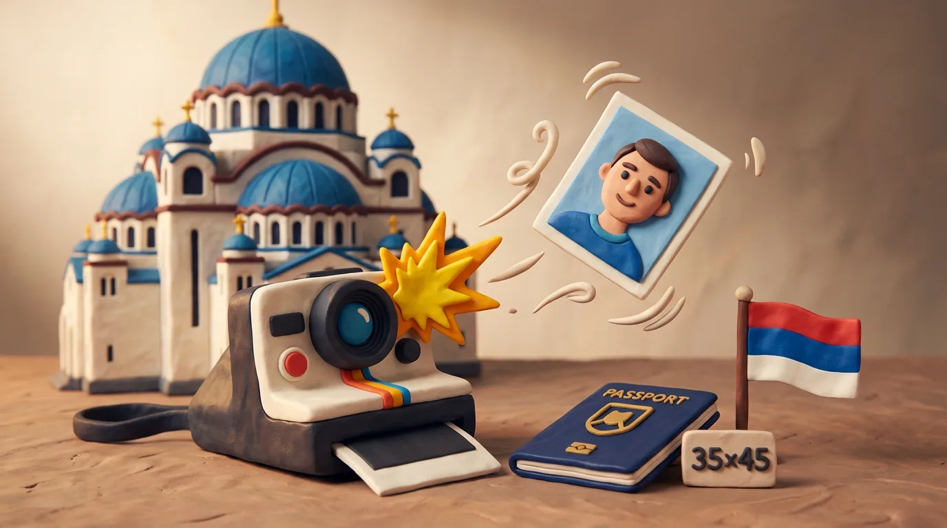 Пластилінова ілюстрація: клей-камера зі спалахом і фото, що вилітає, на тлі символів Serbia — фото на документи, розмір 35×45 мм.