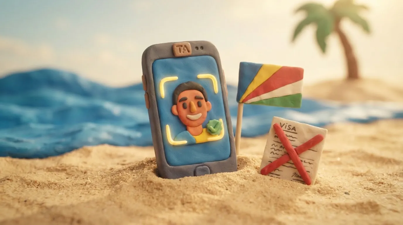 Глиняна ілюстрація смартфона із селфі для Travel Authorization на фоні прапора Сейшельських Островів