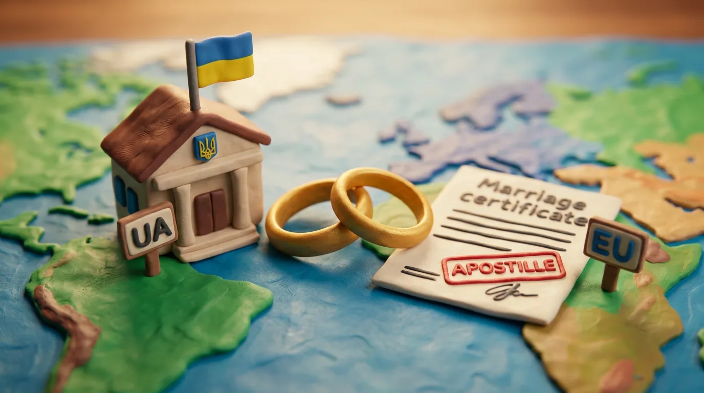 Пластилінова сцена: консульство України з табличкою UA, обручки, свідоцтво про шлюб зі штампом апостиля та позначкою EU