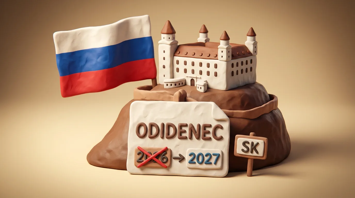 Пластилінова сцена: замок у Братиславі, документ odídenec та дата, що змінюється з 2026 на 2027, табличка SK