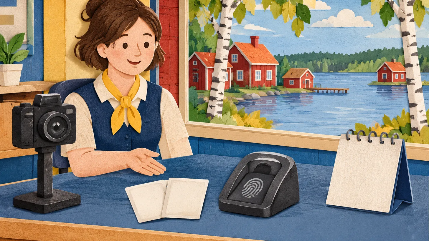 Paper illustration of a service counter with camera, fingerprint scanner and two blank cards by red Swedish houses